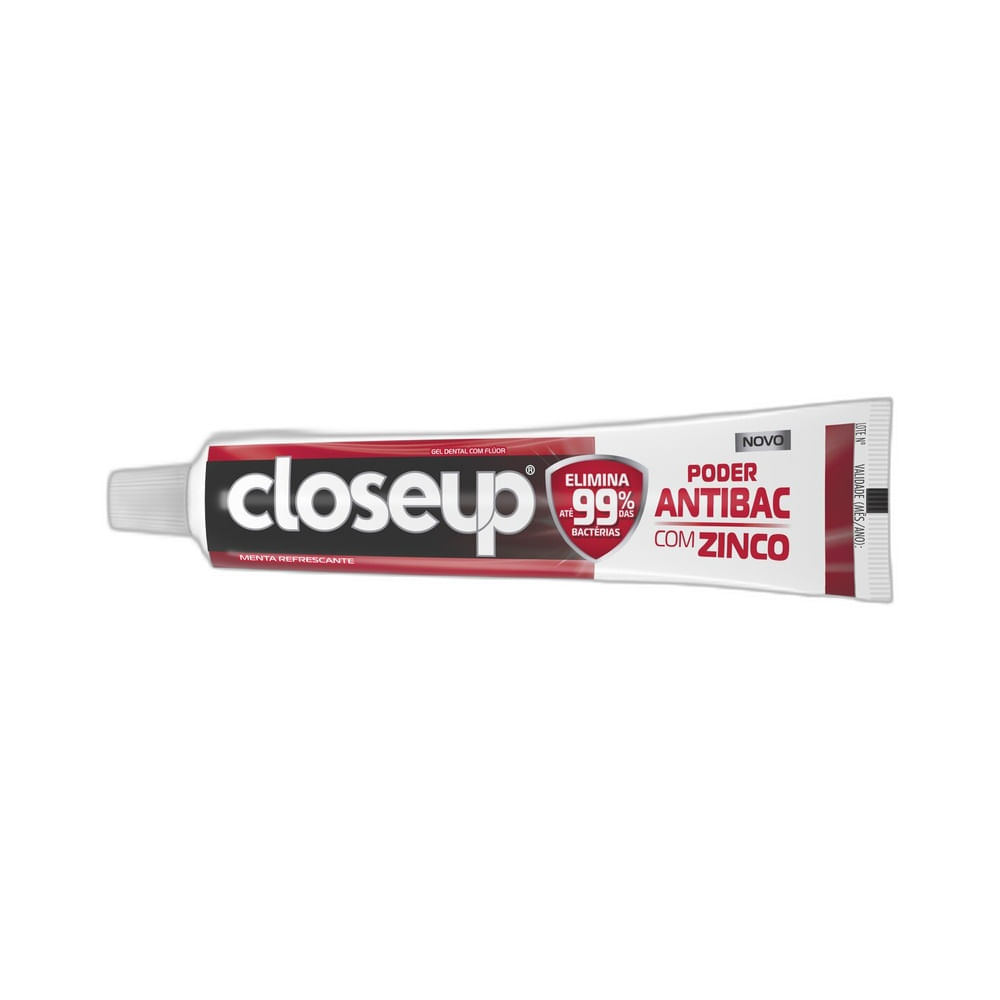 Tubo do Gel Dental Close Up Poder Antibac Menta Intensa 90g com destaque para a ação antibacteriana e sabor menta intensa.